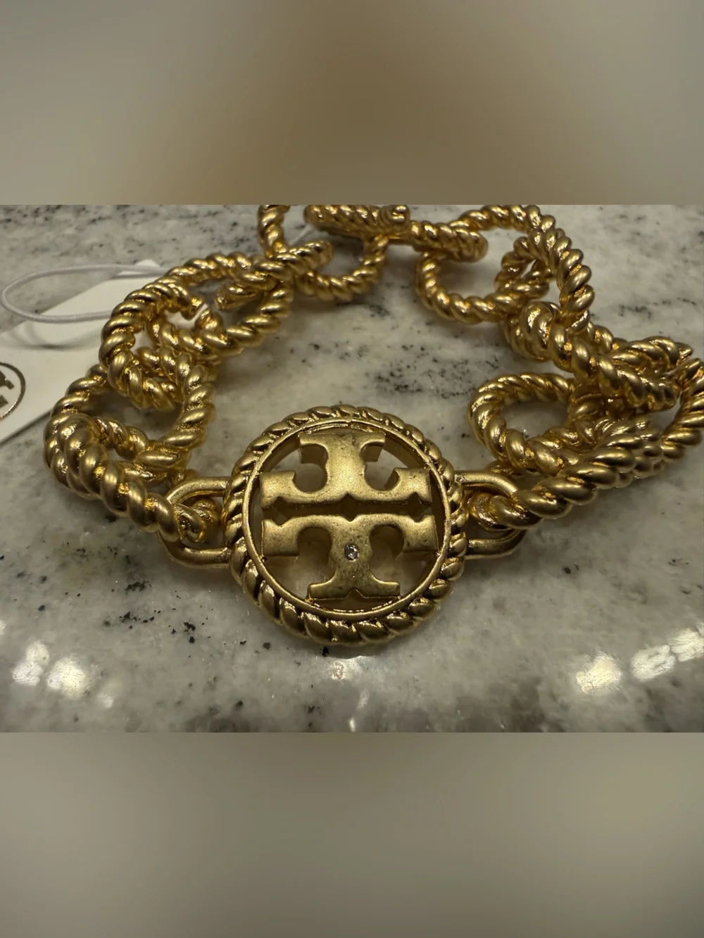 NWT Tory Burch Twisted Rope-Link Gold Chunky Logo Medallion Bracelet Chain